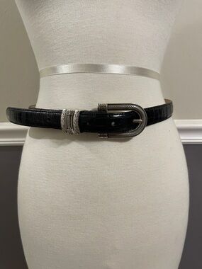 Brighton Black Croc-Embossed Leather Belt with Engraved Silver Buckle